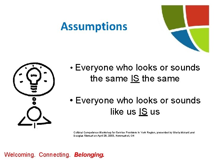 Assumptions • Everyone who looks or sounds the same IS the same • Everyone