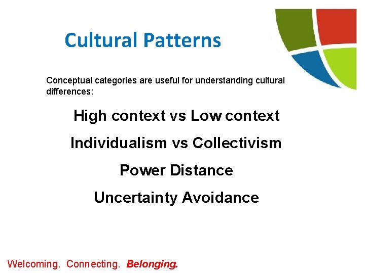 Cultural Patterns Conceptual categories are useful for understanding cultural differences: High context vs Low