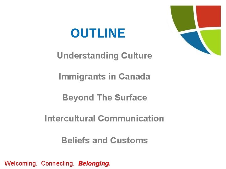 OUTLINE Understanding Culture Immigrants in Canada Beyond The Surface Intercultural Communication Beliefs and Customs