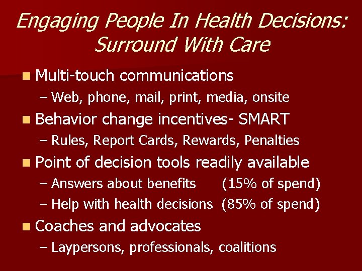Engaging People In Health Decisions: Surround With Care n Multi-touch communications – Web, phone,