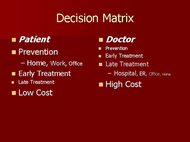 Decision Matrix n Patient n Doctor n Prevention n Early Treatment n Late Treatment