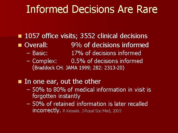 Informed Decisions Are Rare 1057 office visits; 3552 clinical decisions n Overall: 9% of