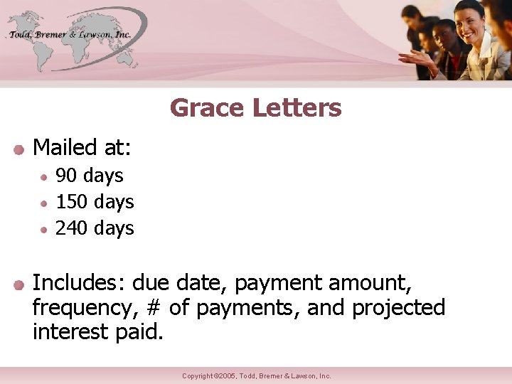 Grace Letters Mailed at: 90 days 150 days 240 days Includes: due date, payment