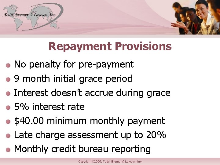 Repayment Provisions No penalty for pre-payment 9 month initial grace period Interest doesn’t accrue