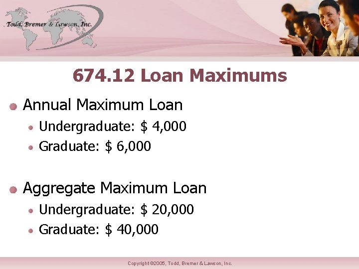 674. 12 Loan Maximums Annual Maximum Loan Undergraduate: $ 4, 000 Graduate: $ 6,