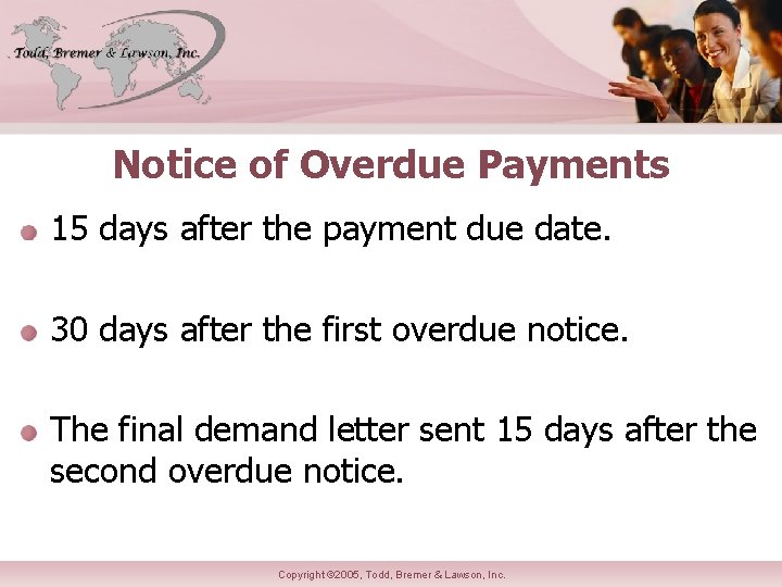 Notice of Overdue Payments 15 days after the payment due date. 30 days after
