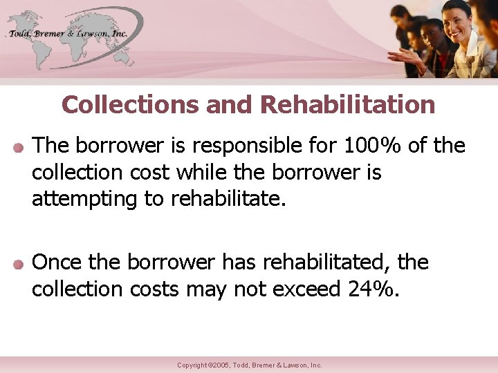 Collections and Rehabilitation The borrower is responsible for 100% of the collection cost while
