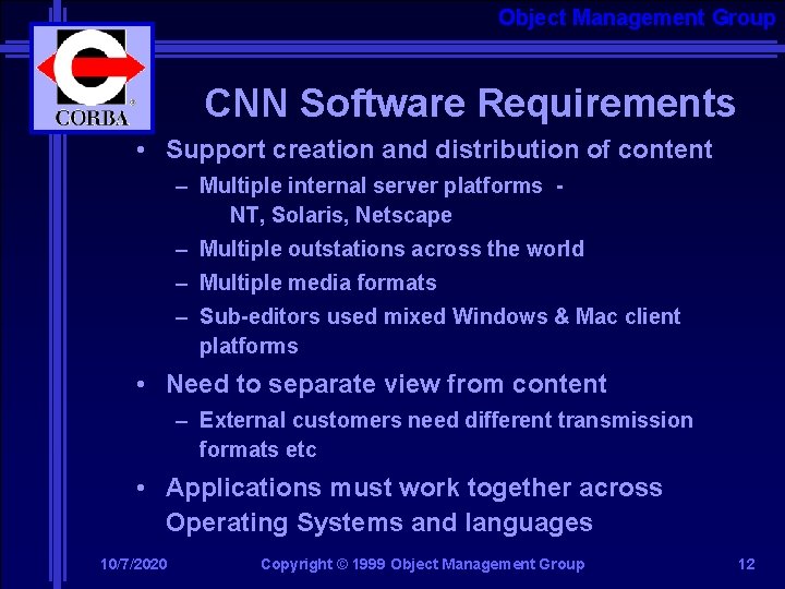 Object Management Group CNN Software Requirements • Support creation and distribution of content –