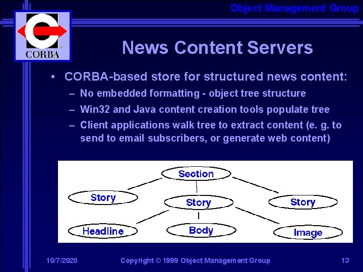 Object Management Group News Content Servers • CORBA-based store for structured news content: –