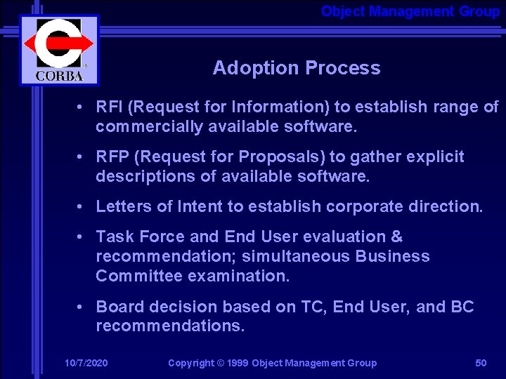 Object Management Group Adoption Process • RFI (Request for Information) to establish range of