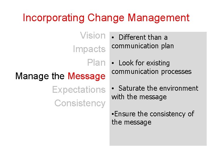 Incorporating Change Management Vision Impacts Plan Manage the Message Expectations Consistency • Different than