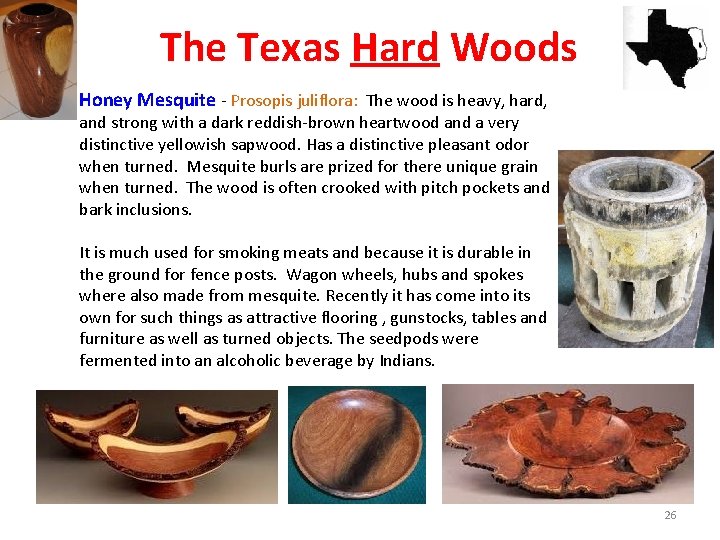 The Texas Hard Woods Honey Mesquite - Prosopis juliflora: The wood is heavy, hard,