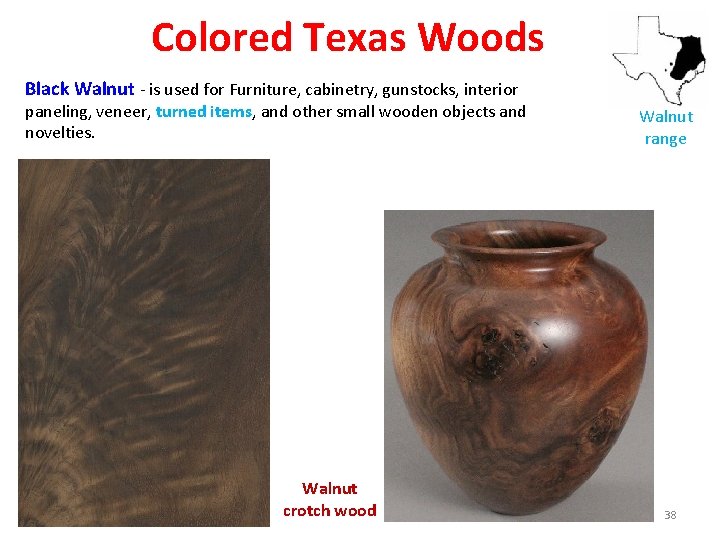 Colored Texas Woods Black Walnut - is used for Furniture, cabinetry, gunstocks, interior paneling,