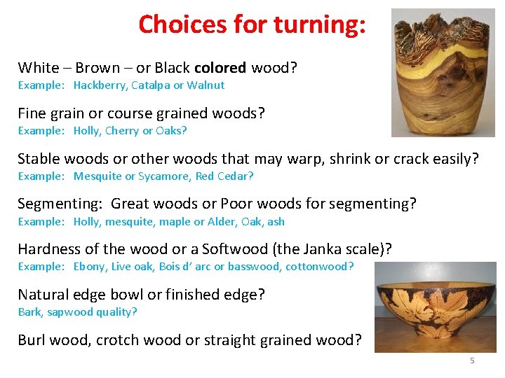  Choices for turning: White – Brown – or Black colored wood? Example: Hackberry,