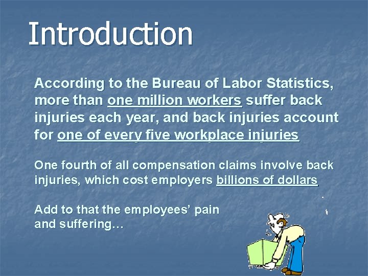 Introduction According to the Bureau of Labor Statistics, more than one million workers suffer