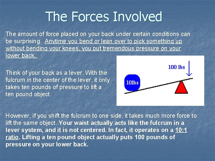 The Forces Involved The amount of force placed on your back under certain conditions