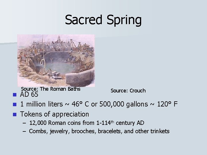 Sacred Spring Source: The Roman Baths Source: Crouch AD 65 n 1 million liters