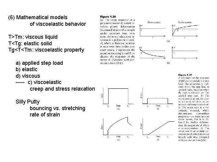 (6) Mathematical models of viscoelastic behavior T>Tm: viscous liquid T<Tg: elastic solid Tg<T<Tm: viscoelastic