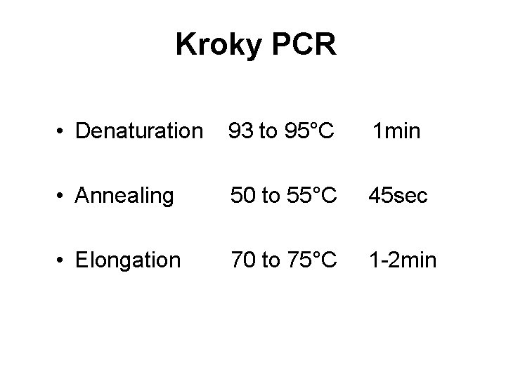 Kroky PCR • Denaturation 93 to 95°C 1 min • Annealing 50 to 55°C