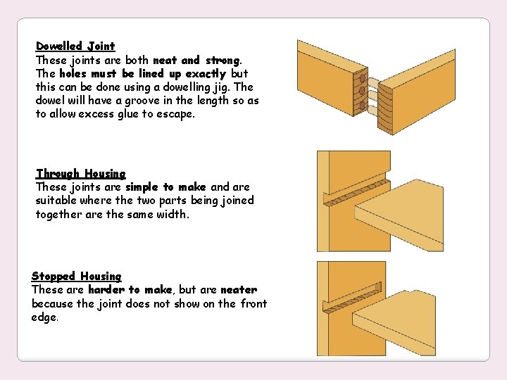 Dowelled Joint These joints are both neat and strong. The holes must be lined