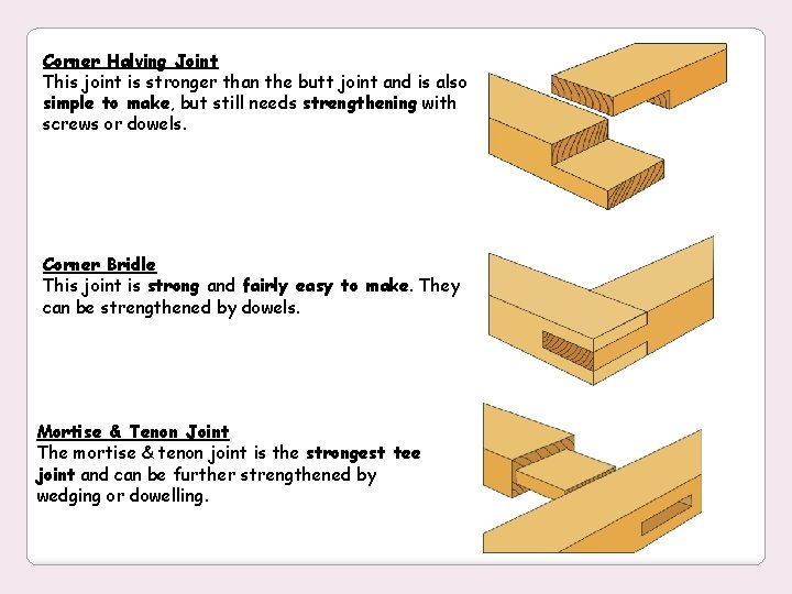 Corner Halving Joint This joint is stronger than the butt joint and is also