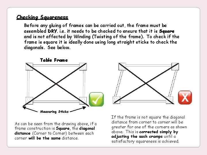 Checking Squareness Before any gluing of frames can be carried out, the frame must