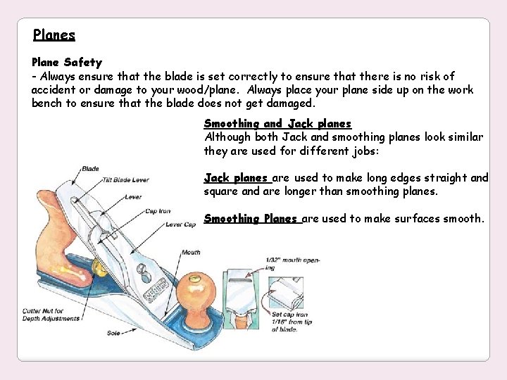 Planes Plane Safety - Always ensure that the blade is set correctly to ensure