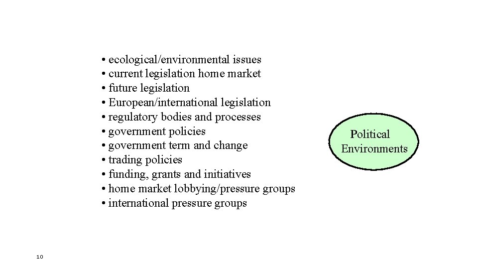  • ecological/environmental issues • current legislation home market • future legislation • European/international