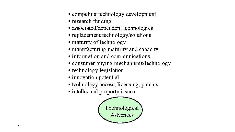  • competing technology development • research funding • associated/dependent technologies • replacement technology/solutions