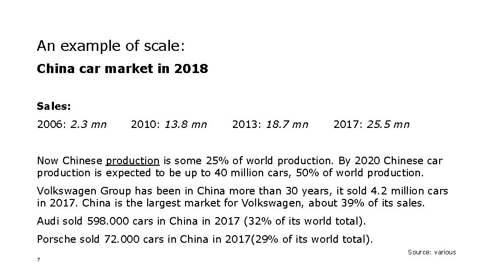 An example of scale: China car market in 2018 Sales: 2006: 2. 3 mn