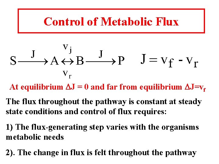 Control of Metabolic Flux At equilibrium DJ = 0 and far from equilibrium DJ=vf