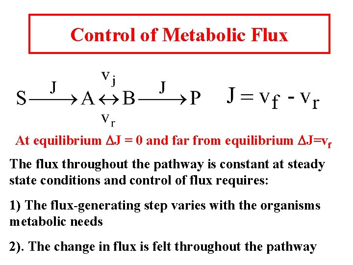 Control of Metabolic Flux At equilibrium DJ = 0 and far from equilibrium DJ=vf