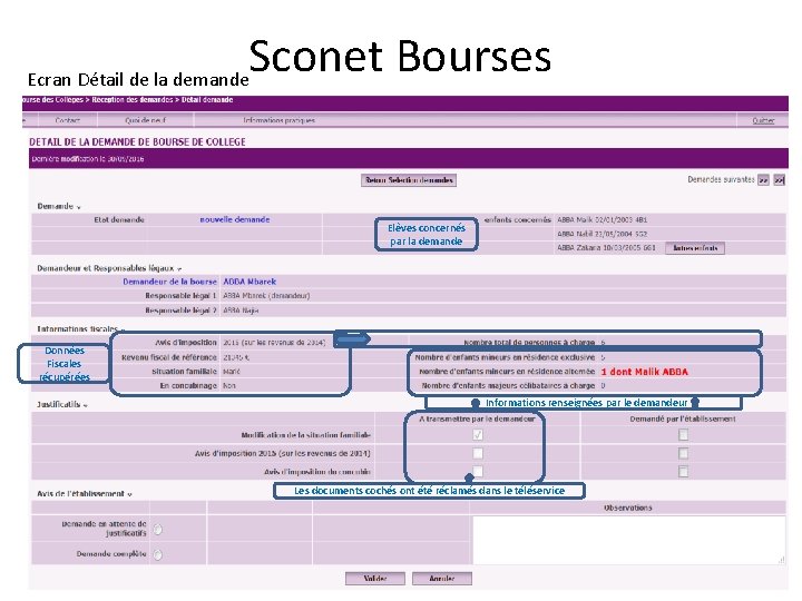 Sconet Bourses Ecran Détail de la demande Elèves concernés par la demande Données Fiscales