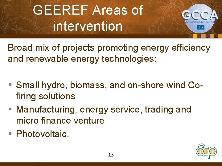 GEEREF Areas of intervention Broad mix of projects promoting energy efficiency and renewable energy