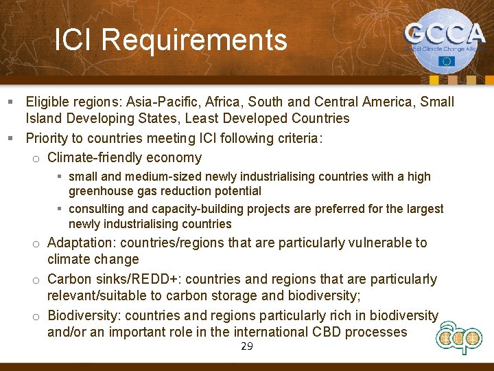 ICI Requirements § Eligible regions: Asia-Pacific, Africa, South and Central America, Small Island Developing