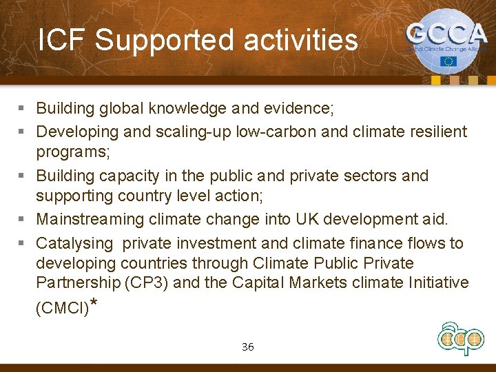 ICF Supported activities § Building global knowledge and evidence; § Developing and scaling-up low-carbon