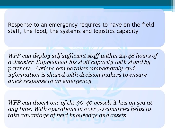 Response to an emergency requires to have on the field staff, the food, the