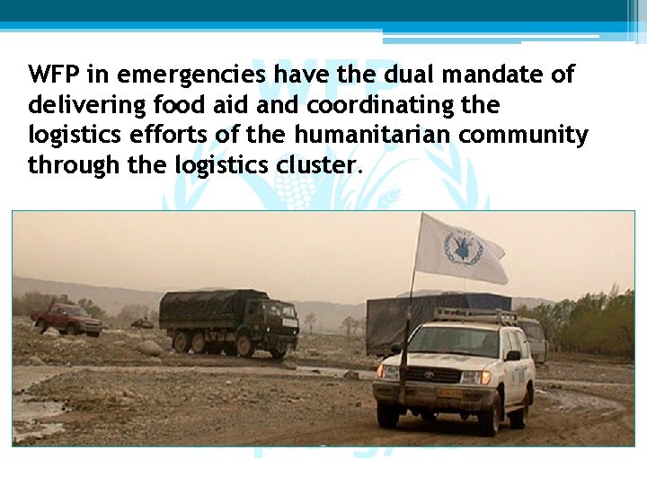 WFP in emergencies have the dual mandate of delivering food aid and coordinating the