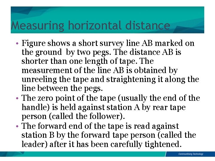 Measuring horizontal distance • Figure shows a short survey line AB marked on the