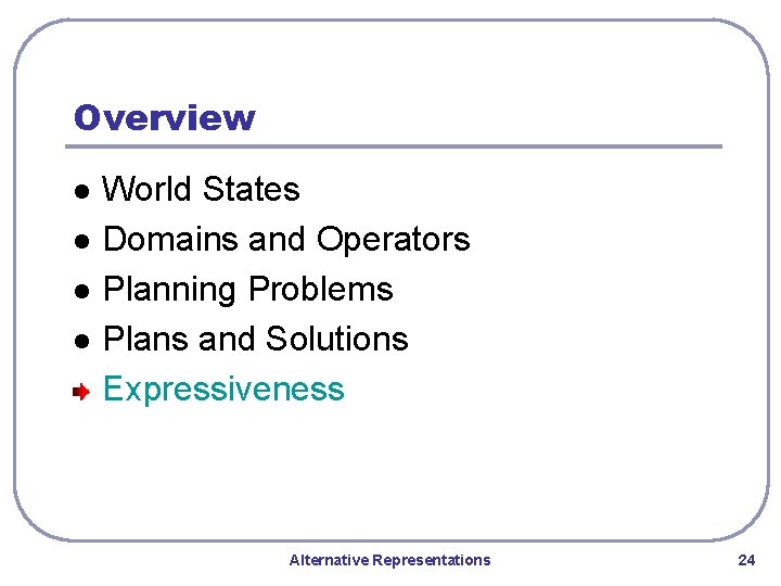 Overview l l World States Domains and Operators Planning Problems Plans and Solutions Expressiveness