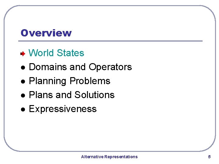 Overview l l World States Domains and Operators Planning Problems Plans and Solutions Expressiveness