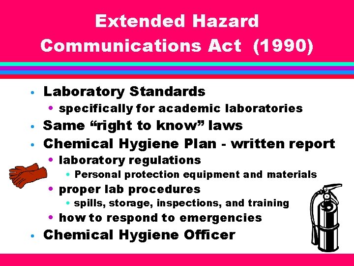 Extended Hazard Communications Act (1990) • Laboratory Standards • Same “right to know” laws