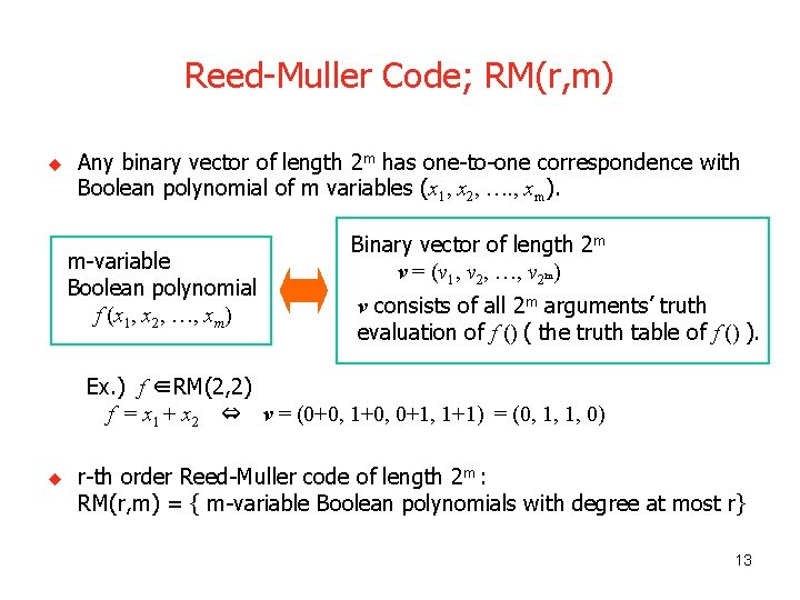 Reed-Muller Code; RM(r, m) u Any binary vector of length 2 m has one-to-one