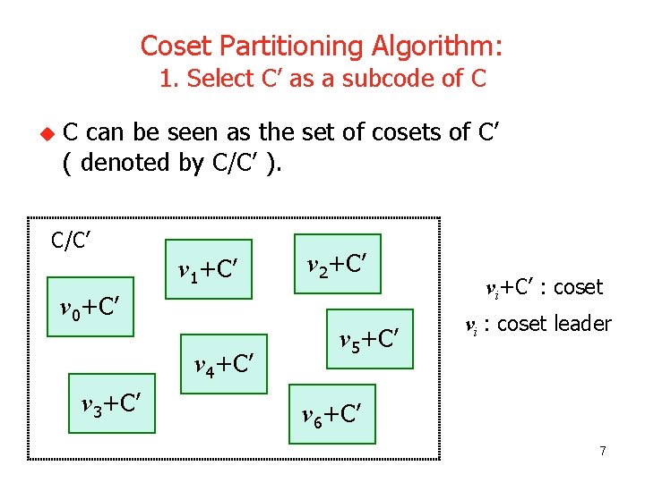 Coset Partitioning Algorithm: 1. Select C’ as a subcode of C u C can