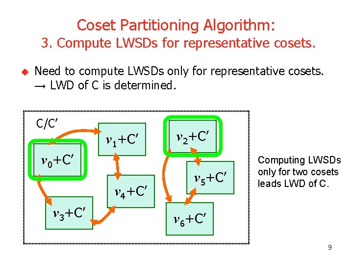 Coset Partitioning Algorithm: 3. Compute LWSDs for representative cosets. u Need to compute LWSDs