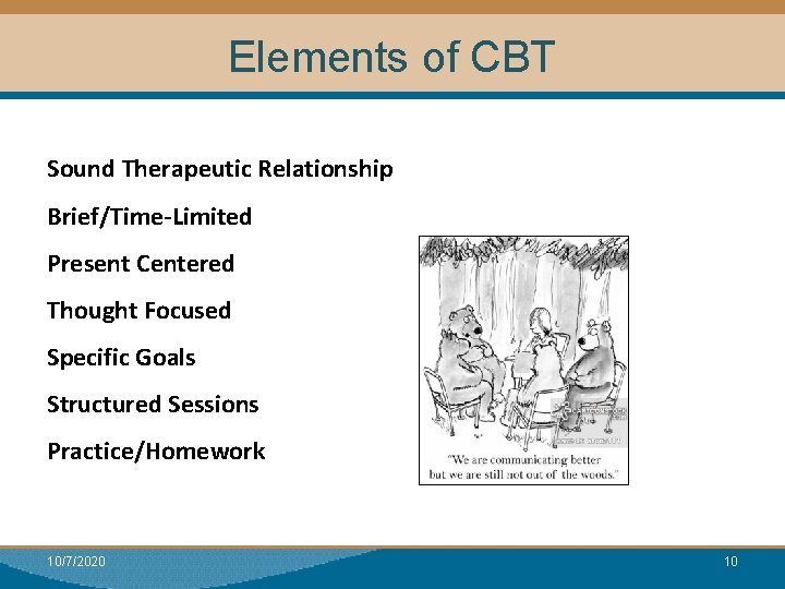 Elements of CBT Sound Therapeutic Relationship Brief/Time-Limited Present Centered Thought Focused Specific Goals Structured