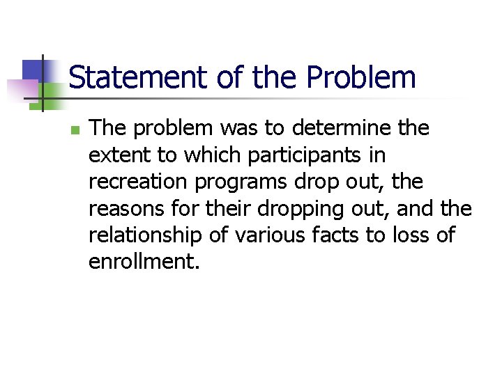 Statement of the Problem n The problem was to determine the extent to which