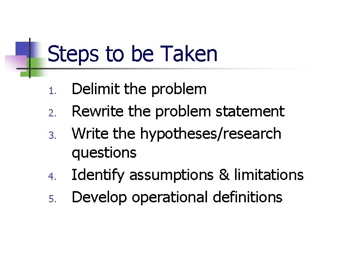 Steps to be Taken 1. 2. 3. 4. 5. Delimit the problem Rewrite the