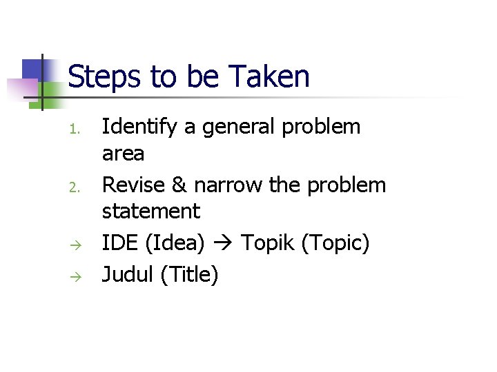 Steps to be Taken 1. 2. Identify a general problem area Revise & narrow