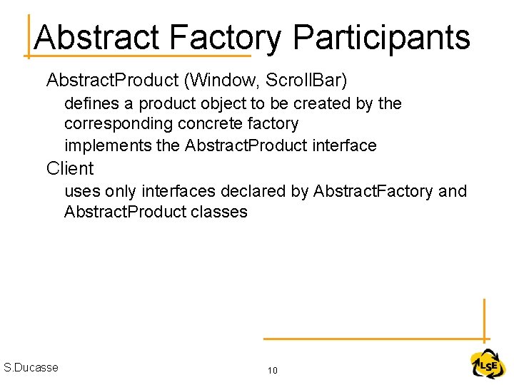 Abstract Factory Participants Abstract. Product (Window, Scroll. Bar) defines a product object to be